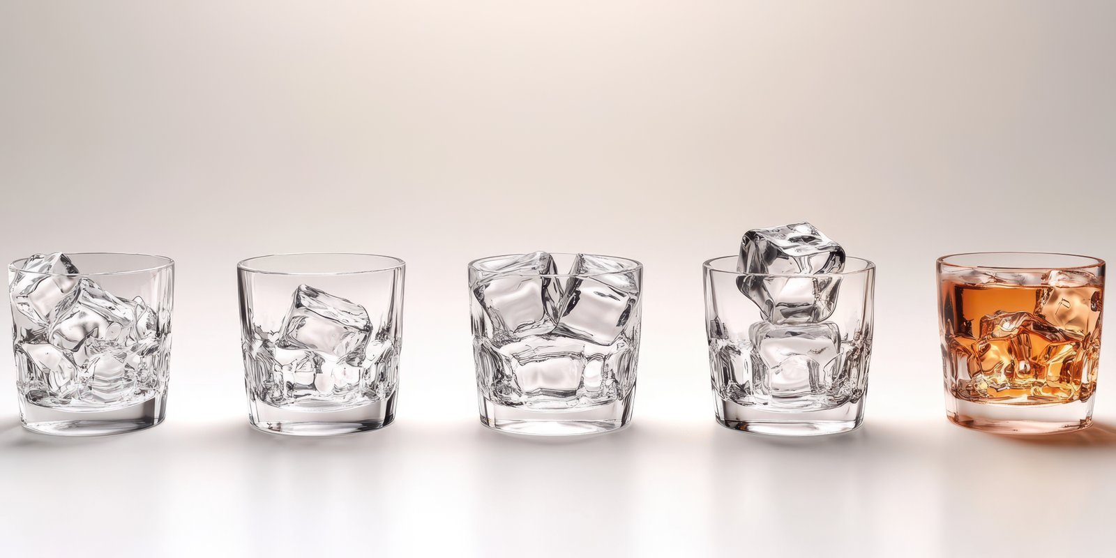 Different stages of whiskey on the rocks showing various glass sizes and ice levels in a simple setting